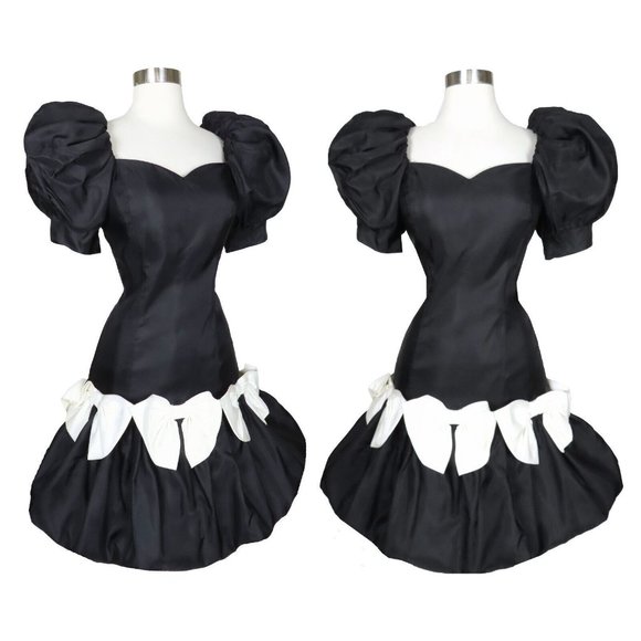 Vintage 80s Black White Bows Full Bubble Skirt Cocktail Party Prom Dress S M